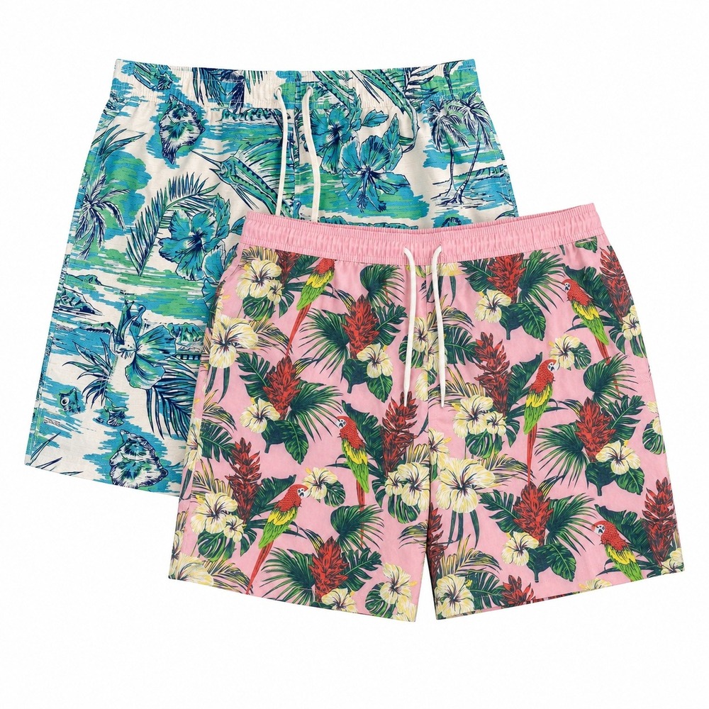 Lot of 2 Mens 2XL Lined Swim Trunks Tropical Parrot Floral Palm Beach Shorts